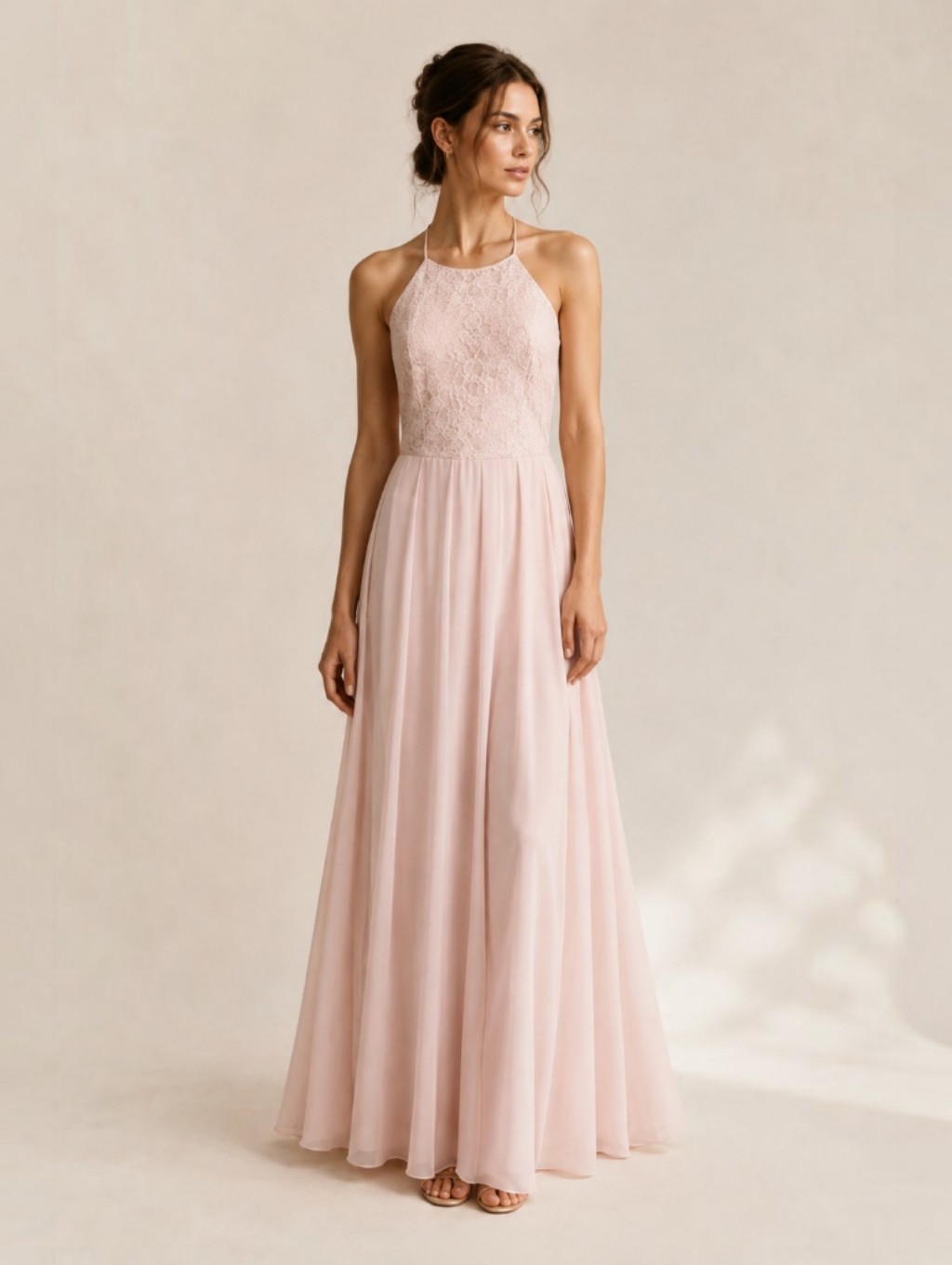 Lela Rose Blush Pink Chiffon Formal Dress Sz 14 Lace Maxi Bridesmaid Romantic